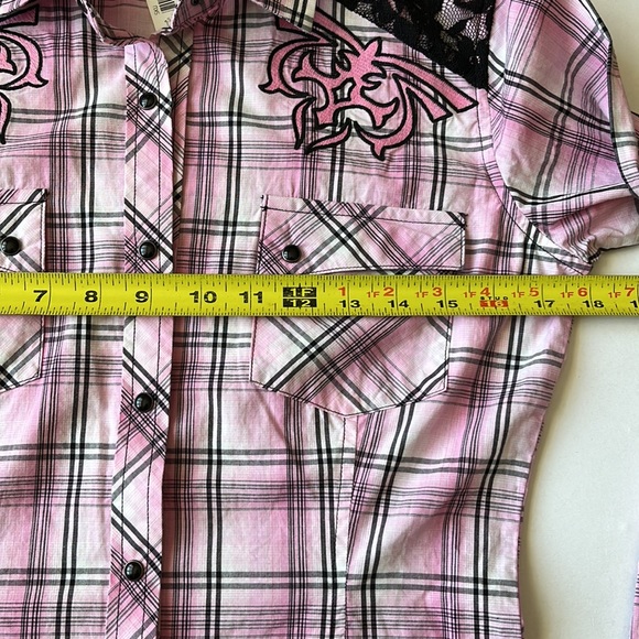 Rock & Roll Cowgirl Plaid Lace Western Long Sleeve Snap Shirt - Picture 11 of 13